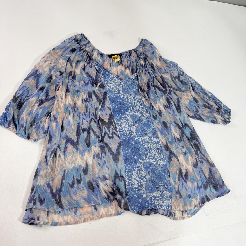 Fred David Shirt Womens 3X Blue Sheer‎ Ikat Print Boho Peasant Top 3/4 Sleeve